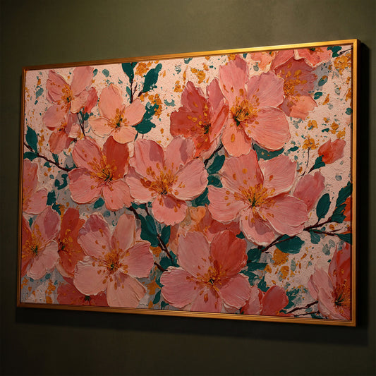 Pink Blossom Branch Canvas Wall Art. Floral Canvas Print shown in antique gold floating frame