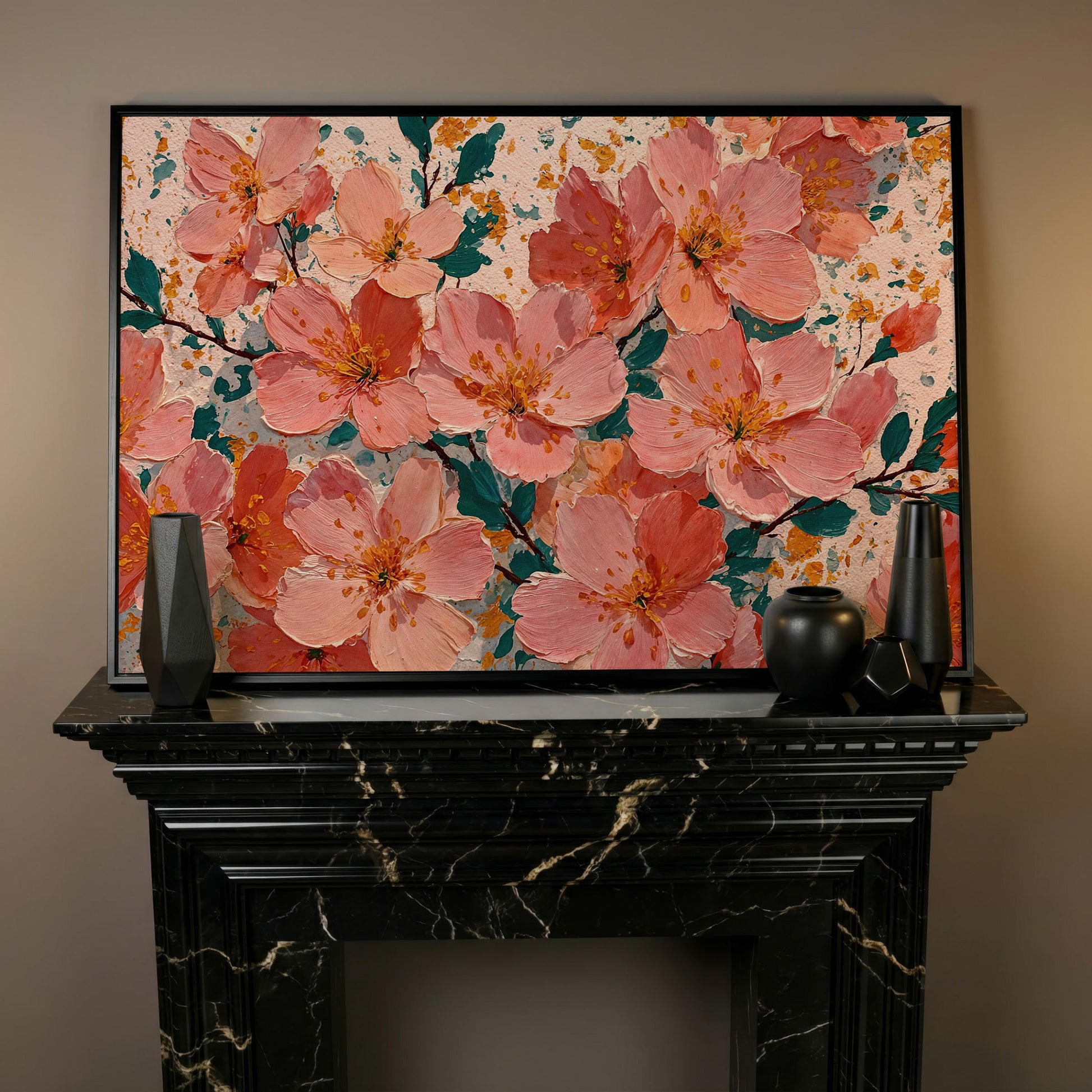 Pink Blossom Branch Canvas Wall Art. Floral Canvas Print in black floating frame