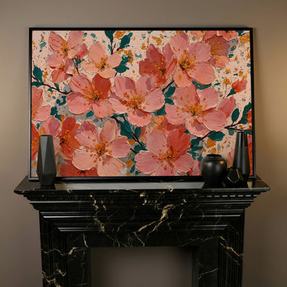 Pink Blossom Branch Canvas Wall Art. Floral Canvas Print in black floating frame