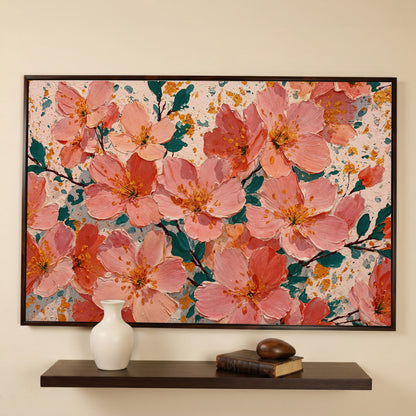 Pink Blossom Branch Canvas Wall Art. Floral Canvas Print in dark walnut floating frame