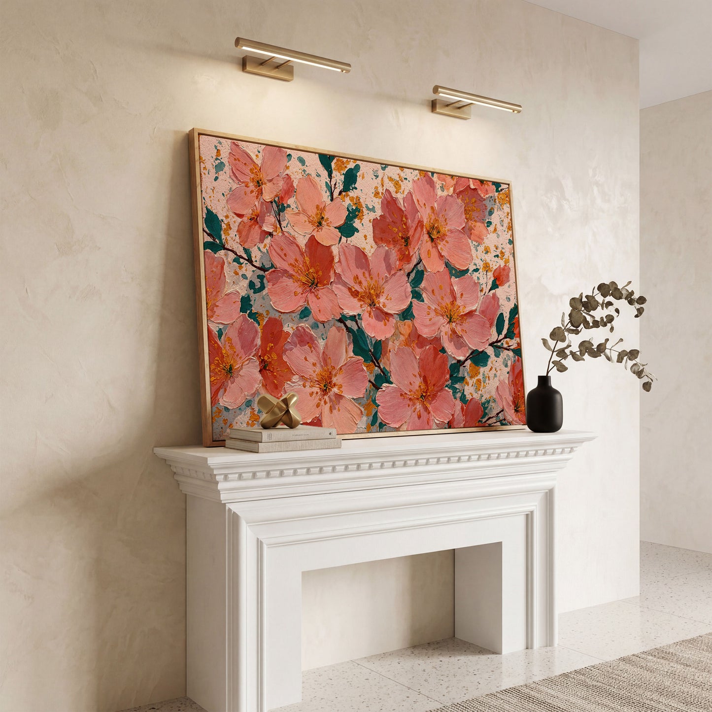 Pink Blossom Branch Canvas Wall Art. Floral Canvas Print in white oak floating frame