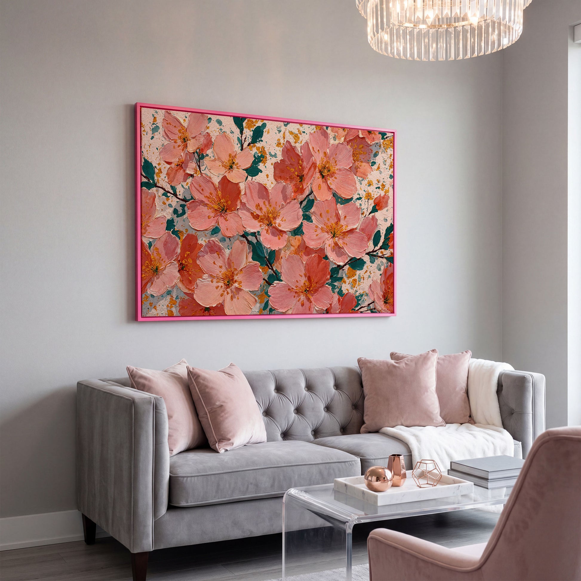 Pink Blossom Branch Canvas Wall Art. Floral Canvas Print in pink floating frame