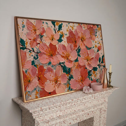 Pink Blossom Branch Canvas Wall Art. Floral Canvas Print in rose gold floating frame