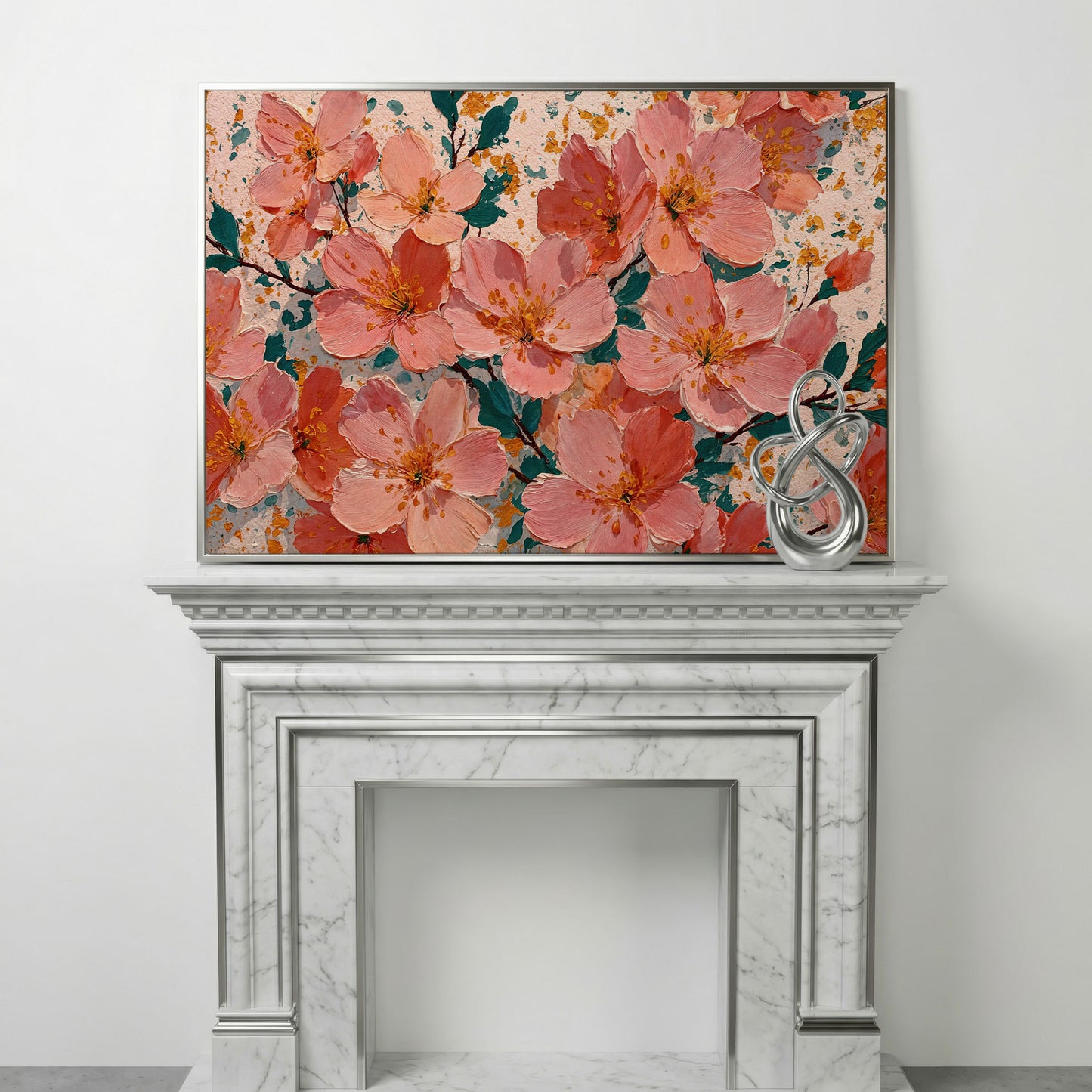 Pink Blossom Branch Canvas Wall Art. Floral Canvas Print in silver floating frame