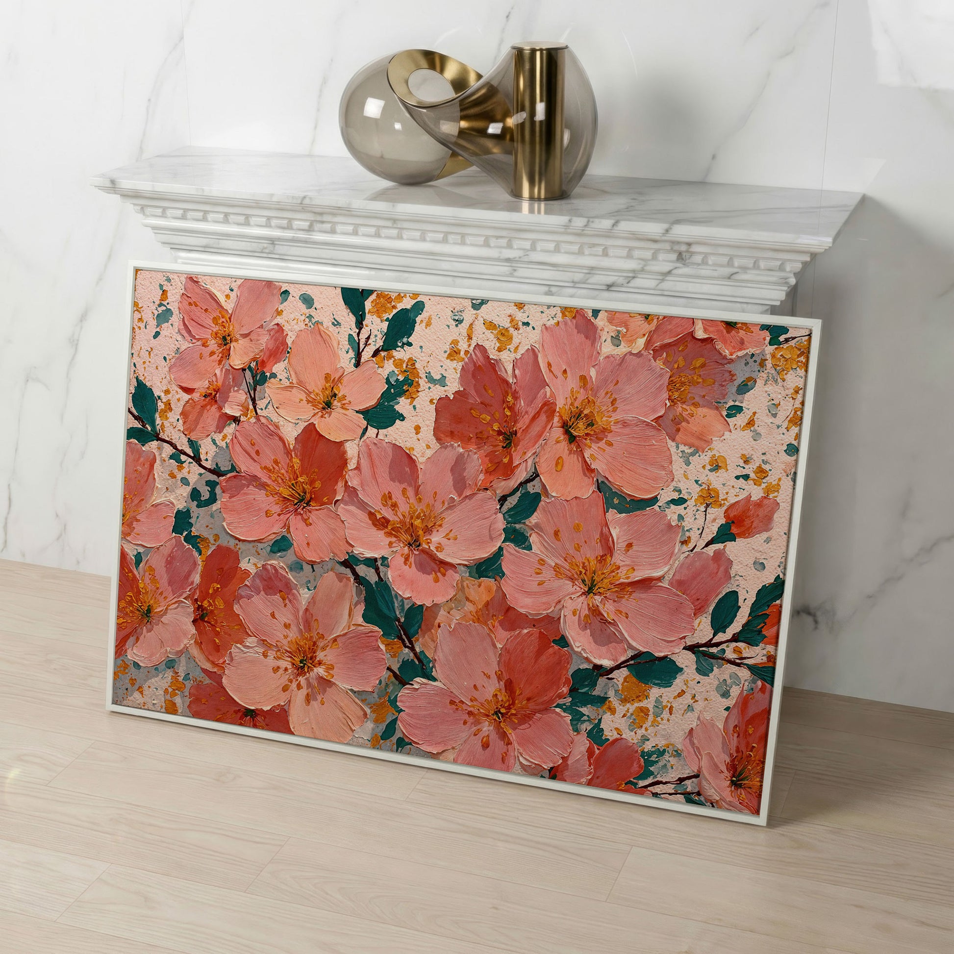 Pink Blossom Branch Canvas Wall Art. Floral Canvas Print in white floating frame