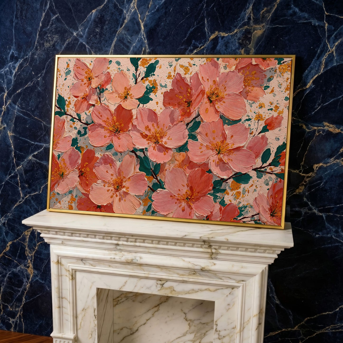 Pink Blossom Branch Canvas Wall Art. Floral Canvas Print in yellow gold floating frame