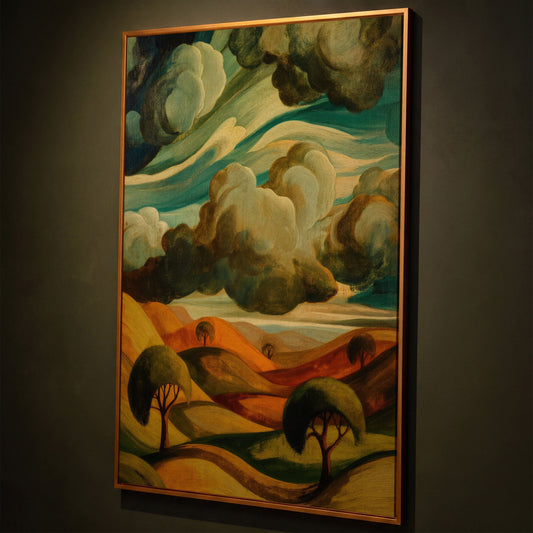 Rolling Hills and Clouds Terracotta Landscape Canvas Art shown in antique gold floating frame