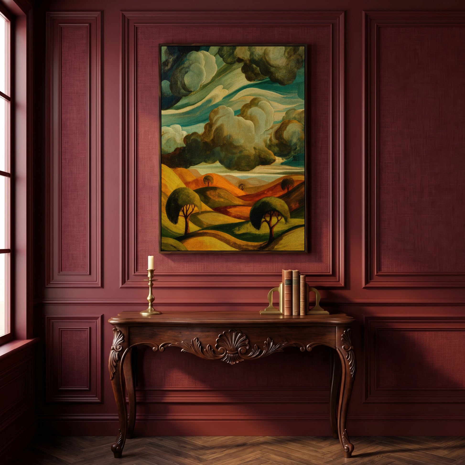 Rolling Hills and Clouds Terracotta Landscape Canvas Art in dark walnut floating frame