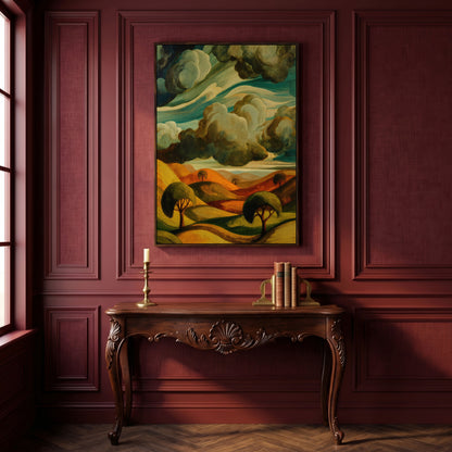Rolling Hills and Clouds Terracotta Landscape Canvas Art in dark walnut floating frame