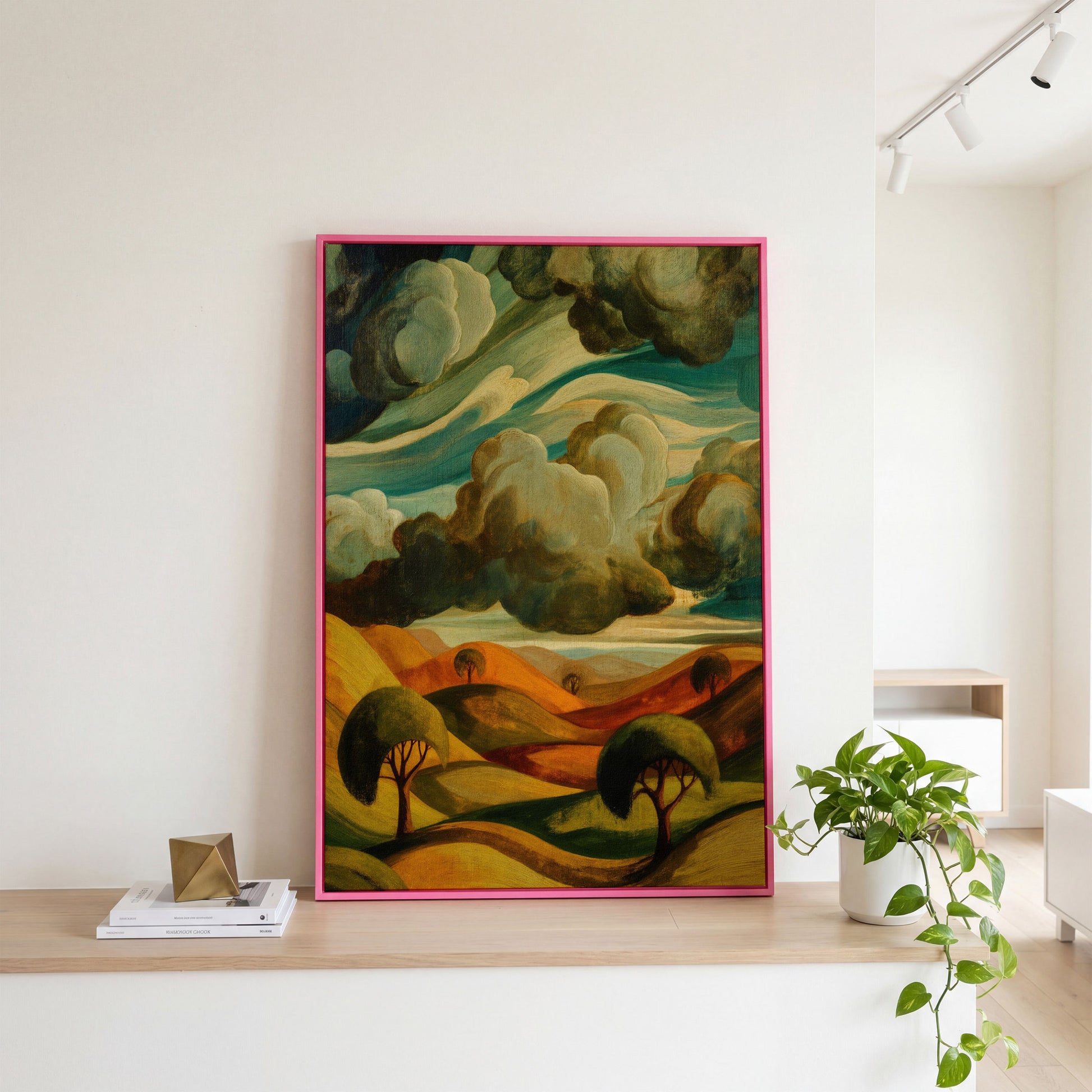 Rolling Hills and Clouds Terracotta Landscape Canvas Art in pink floating frame