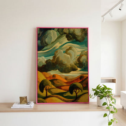 Rolling Hills and Clouds Terracotta Landscape Canvas Art in pink floating frame