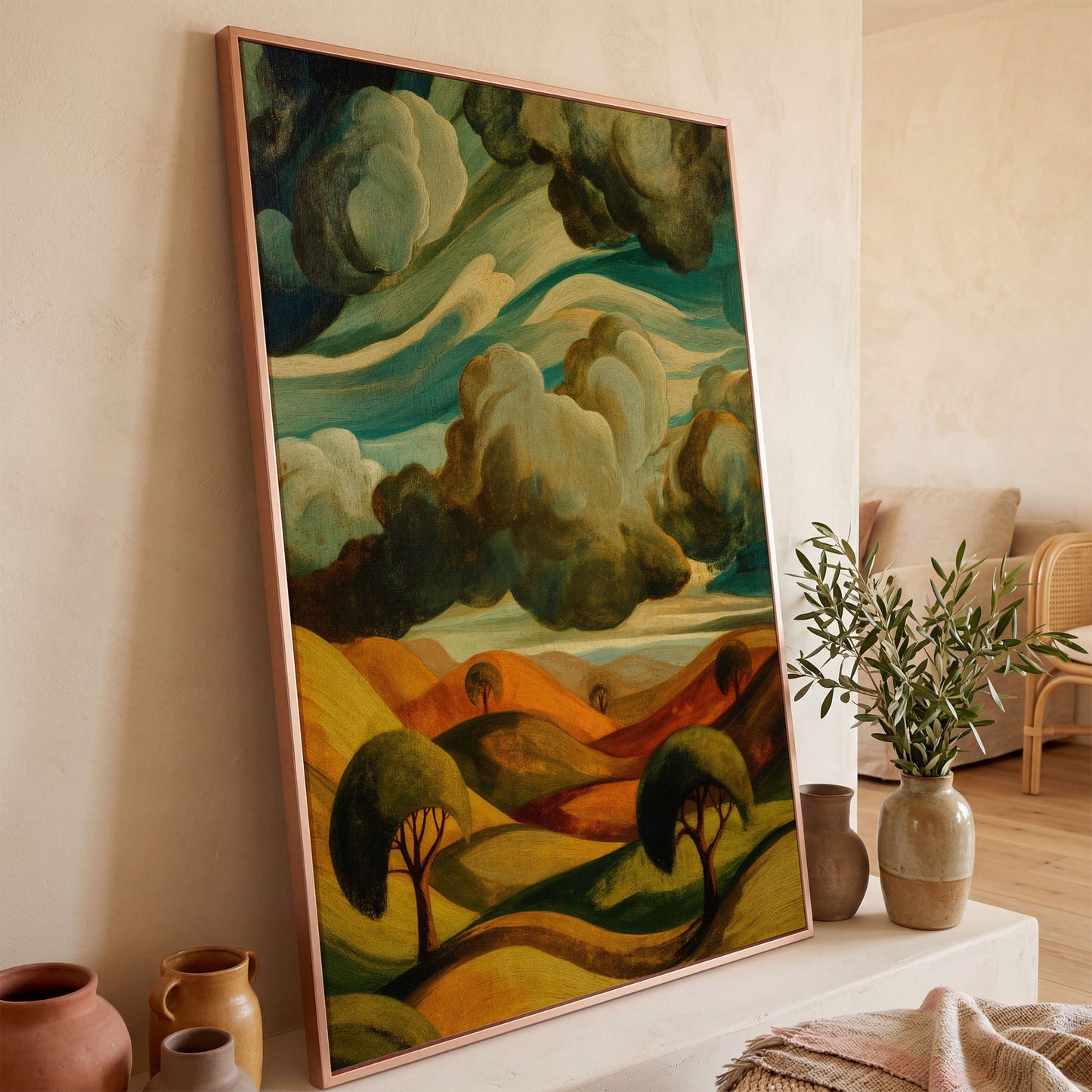 Rolling Hills and Clouds Terracotta Landscape Canvas Art in rose gold floating frame
