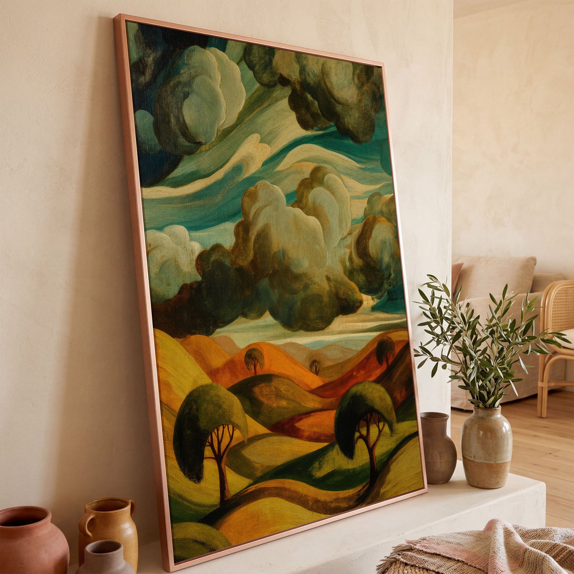 Rolling Hills and Clouds Terracotta Landscape Canvas Art in rose gold floating frame