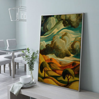 Rolling Hills and Clouds Terracotta Landscape Canvas Art in silver floating frame