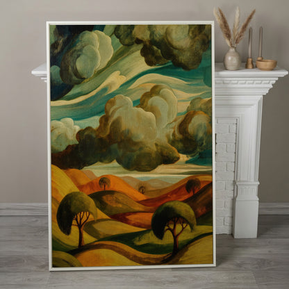 Rolling Hills and Clouds Terracotta Landscape Canvas Art in white floating frame