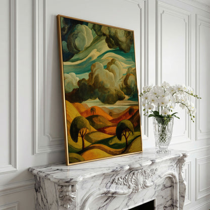 Rolling Hills and Clouds Terracotta Landscape Canvas Art in yellow gold floating frame