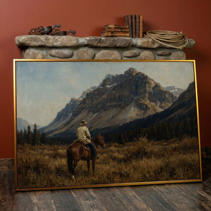 Cowboy on Horseback Facing the Mountains Canvas Wall Art in antique gold floating frame