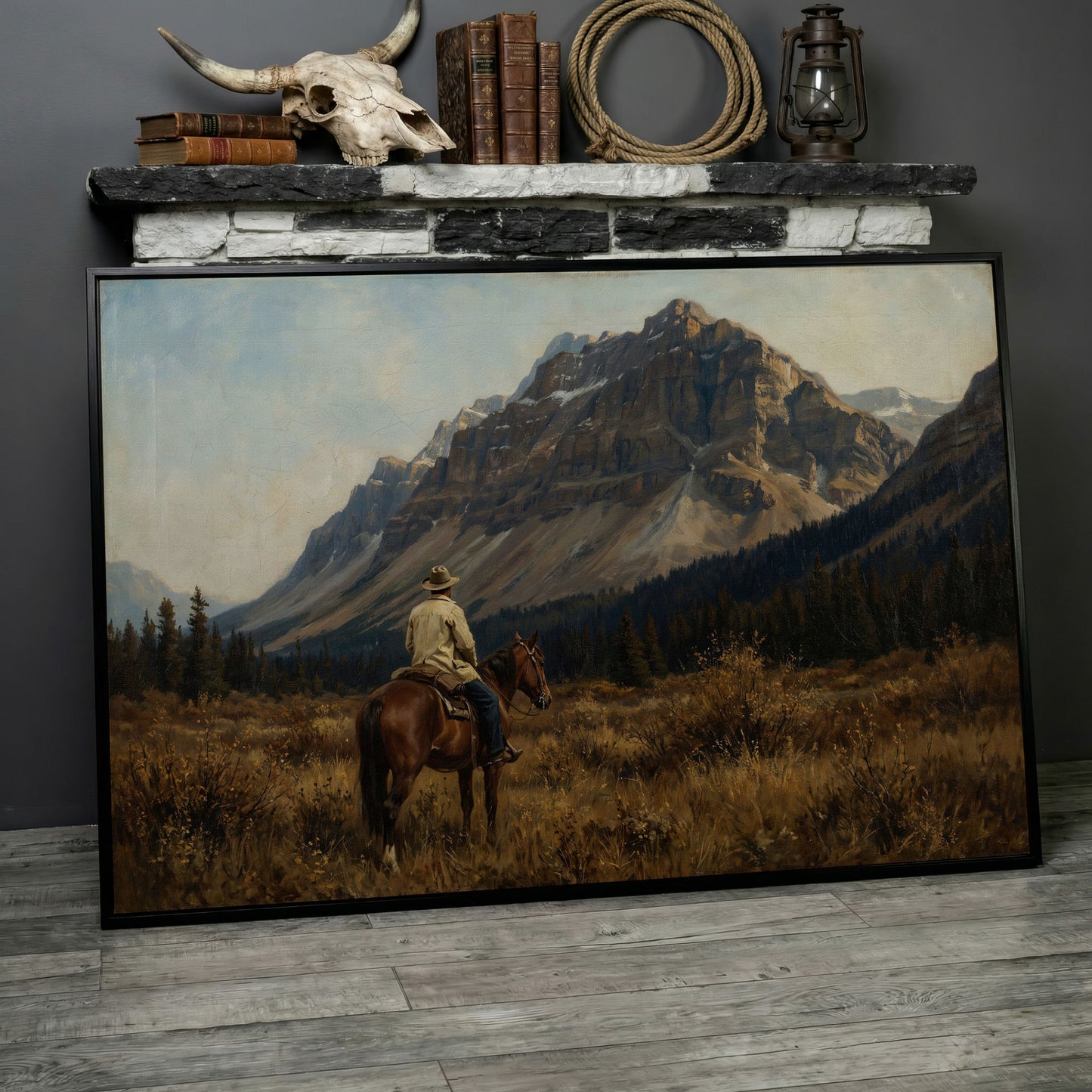 Cowboy on Horseback Facing the Mountains Canvas Wall Art in black floating frame