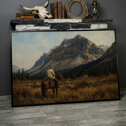 Cowboy on Horseback Facing the Mountains Canvas Wall Art in black floating frame