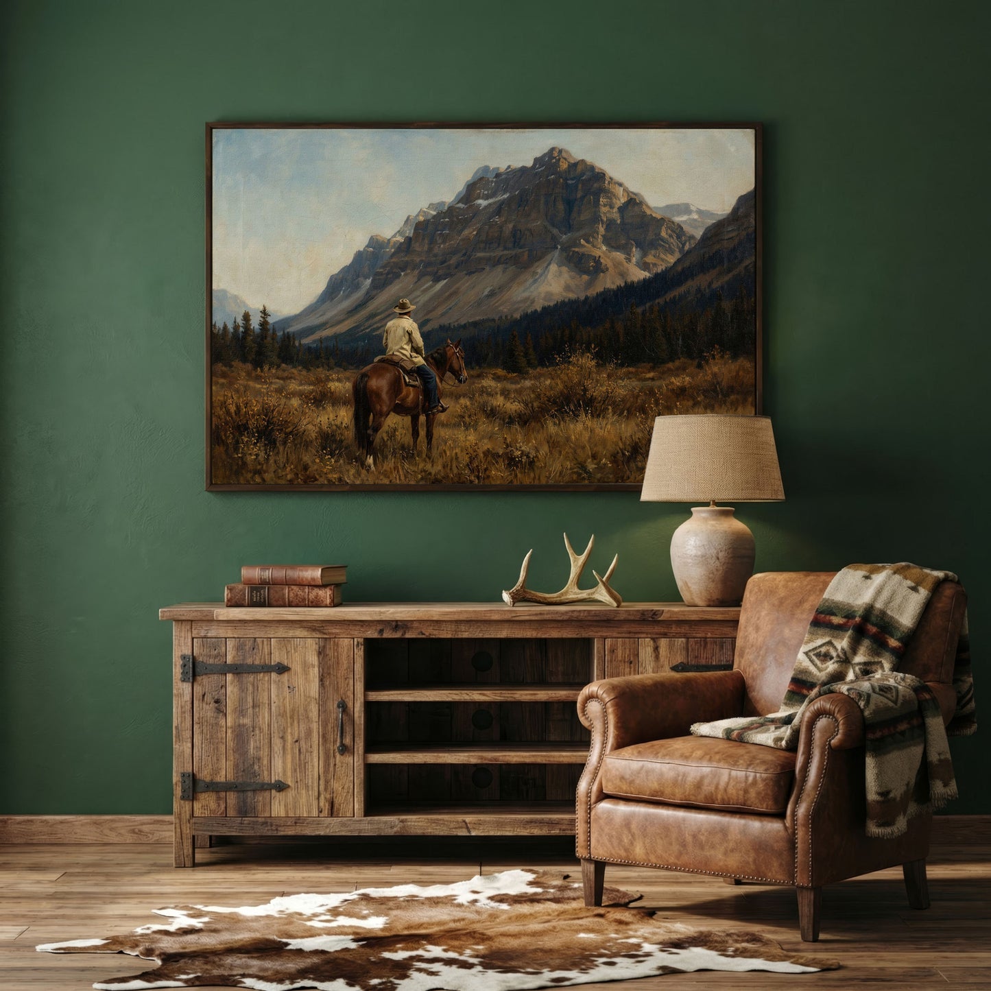 Cowboy on Horseback Facing the Mountains Canvas Wall Art in dark walnut floating frame