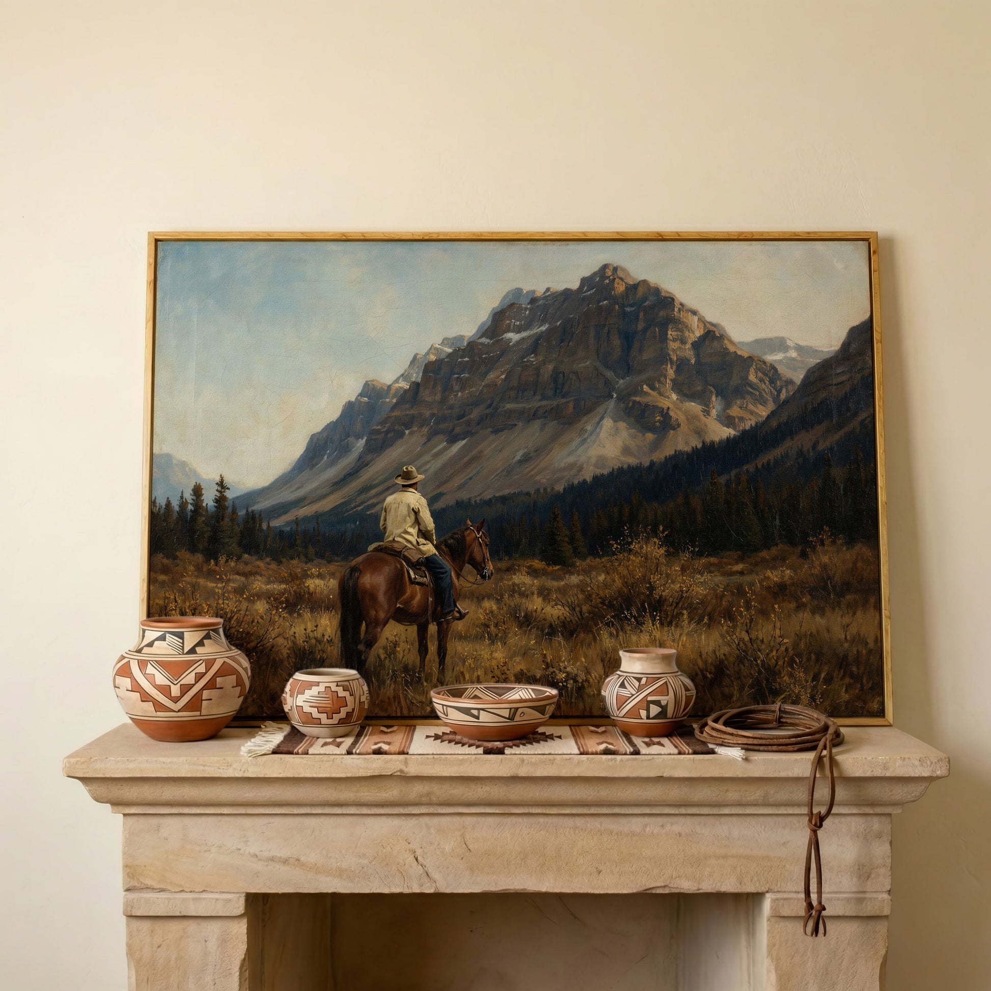 Cowboy on Horseback Facing the Mountains Canvas Wall Art in white oak floating frame