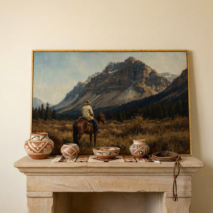 Cowboy on Horseback Facing the Mountains Canvas Wall Art in white oak floating frame