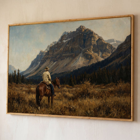 Cowboy on Horseback Facing the Mountains Canvas Wall Art shown in white oak floating frame