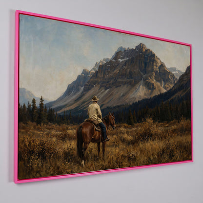 Cowboy on Horseback Facing the Mountains Canvas Wall Art in pink floating frame
