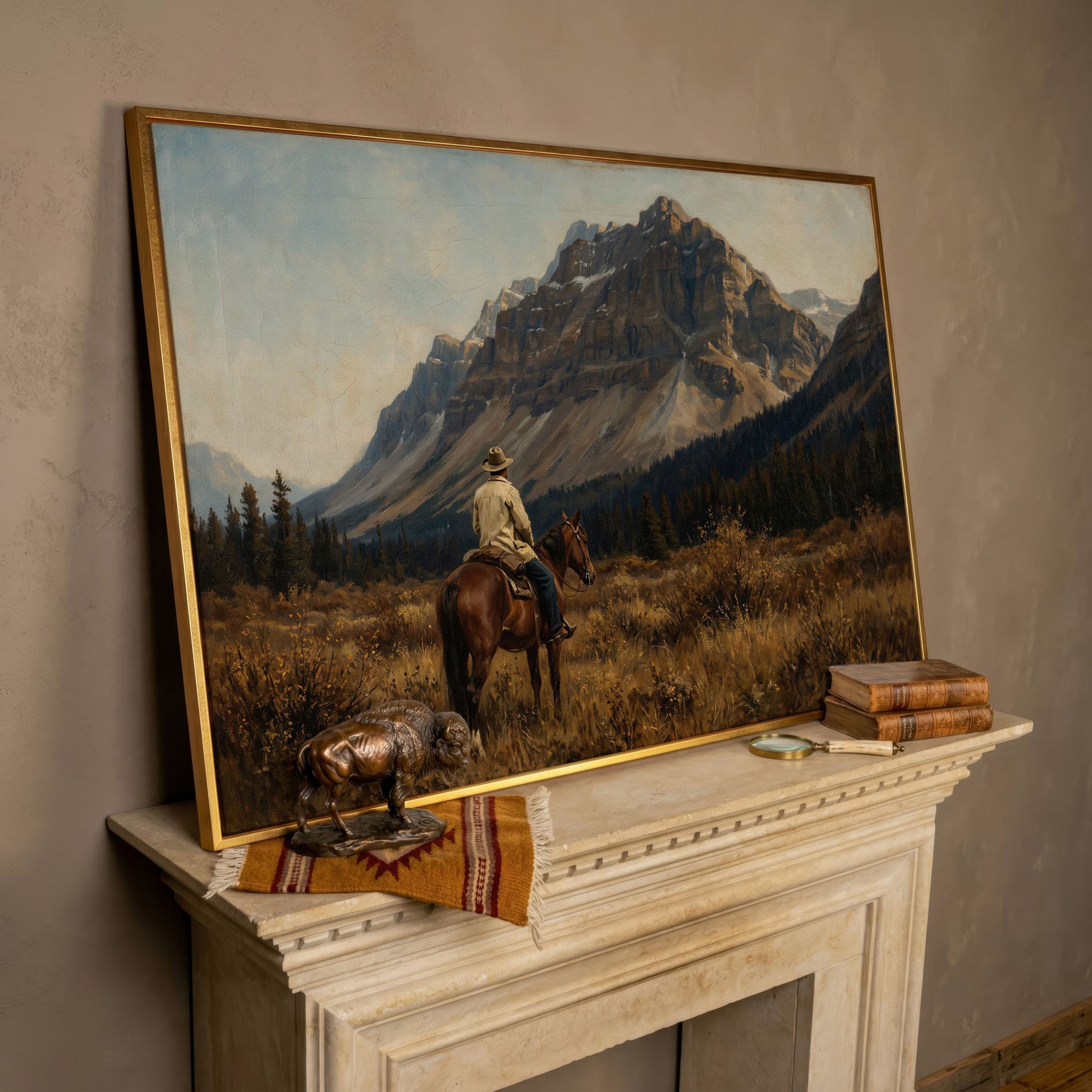 Cowboy on Horseback Facing the Mountains Canvas Wall Art in rose gold floating frame