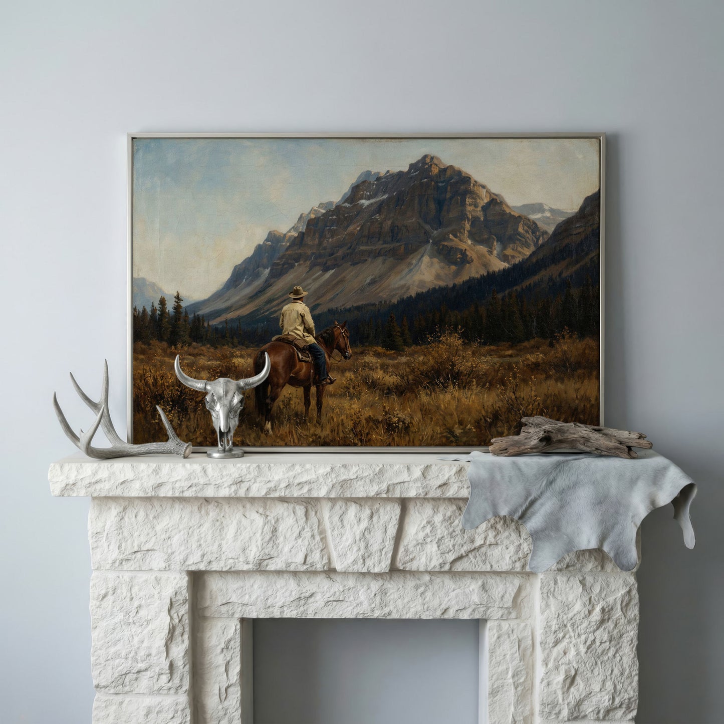 Cowboy on Horseback Facing the Mountains Canvas Wall Art in silver floating frame