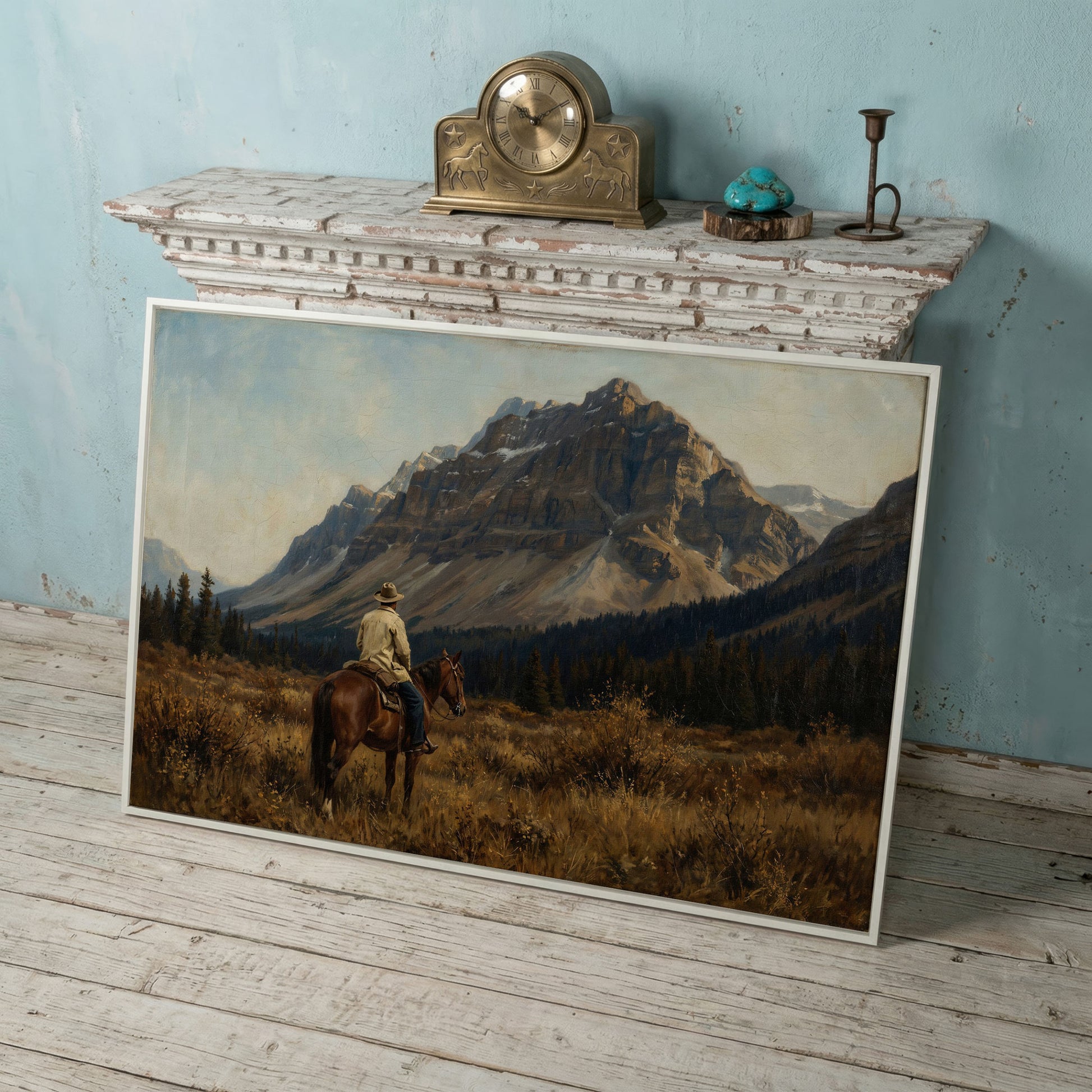 Cowboy on Horseback Facing the Mountains Canvas Wall Art in white floating frame