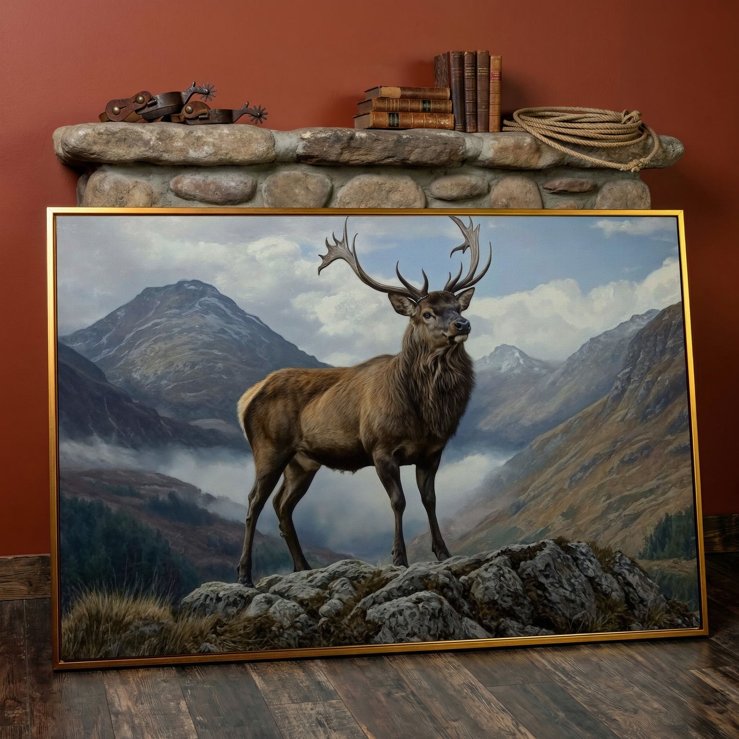 Stag on Rocky Outcrop Canvas Wall Art, Mountain Wildlife Print in antique gold floating frame