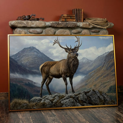 Stag on Rocky Outcrop Canvas Wall Art, Mountain Wildlife Print in antique gold floating frame