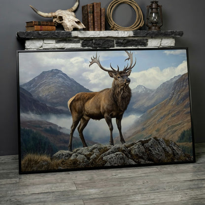 Stag on Rocky Outcrop Canvas Wall Art, Mountain Wildlife Print in black floating frame