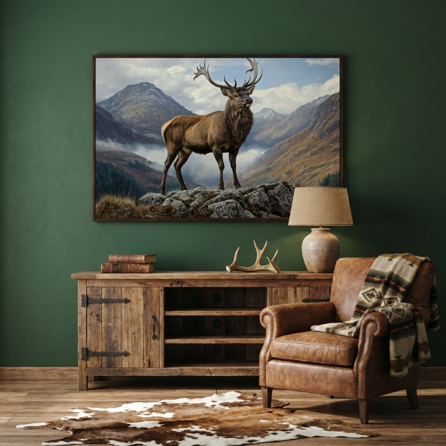 Stag on Rocky Outcrop Canvas Wall Art, Mountain Wildlife Print in dark walnut floating frame