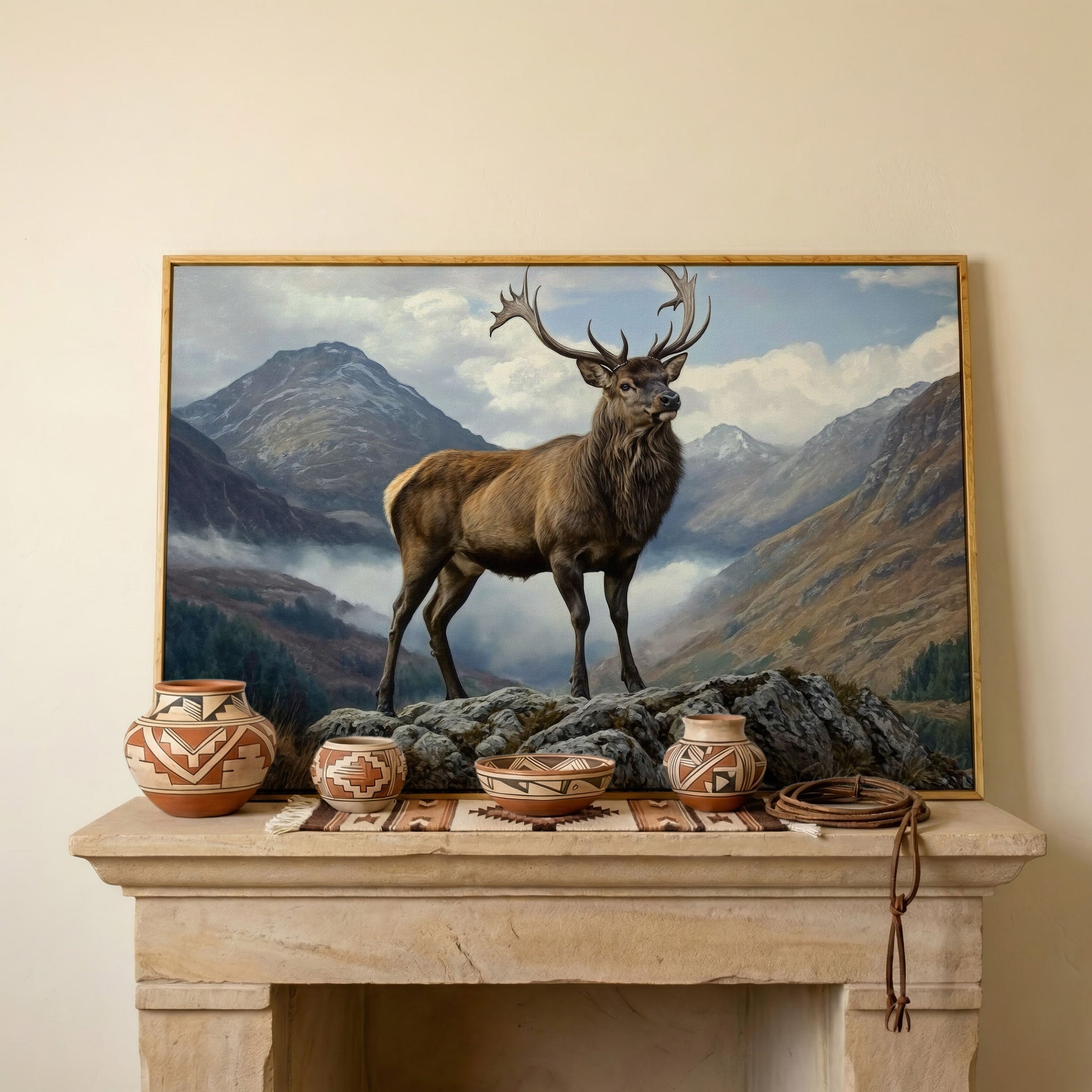 Stag on Rocky Outcrop Canvas Wall Art, Mountain Wildlife Print in white oak floating frame