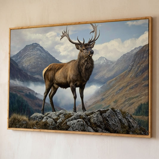 Stag on Rocky Outcrop Canvas Wall Art, Mountain Wildlife Print shown in white oak floating frame
