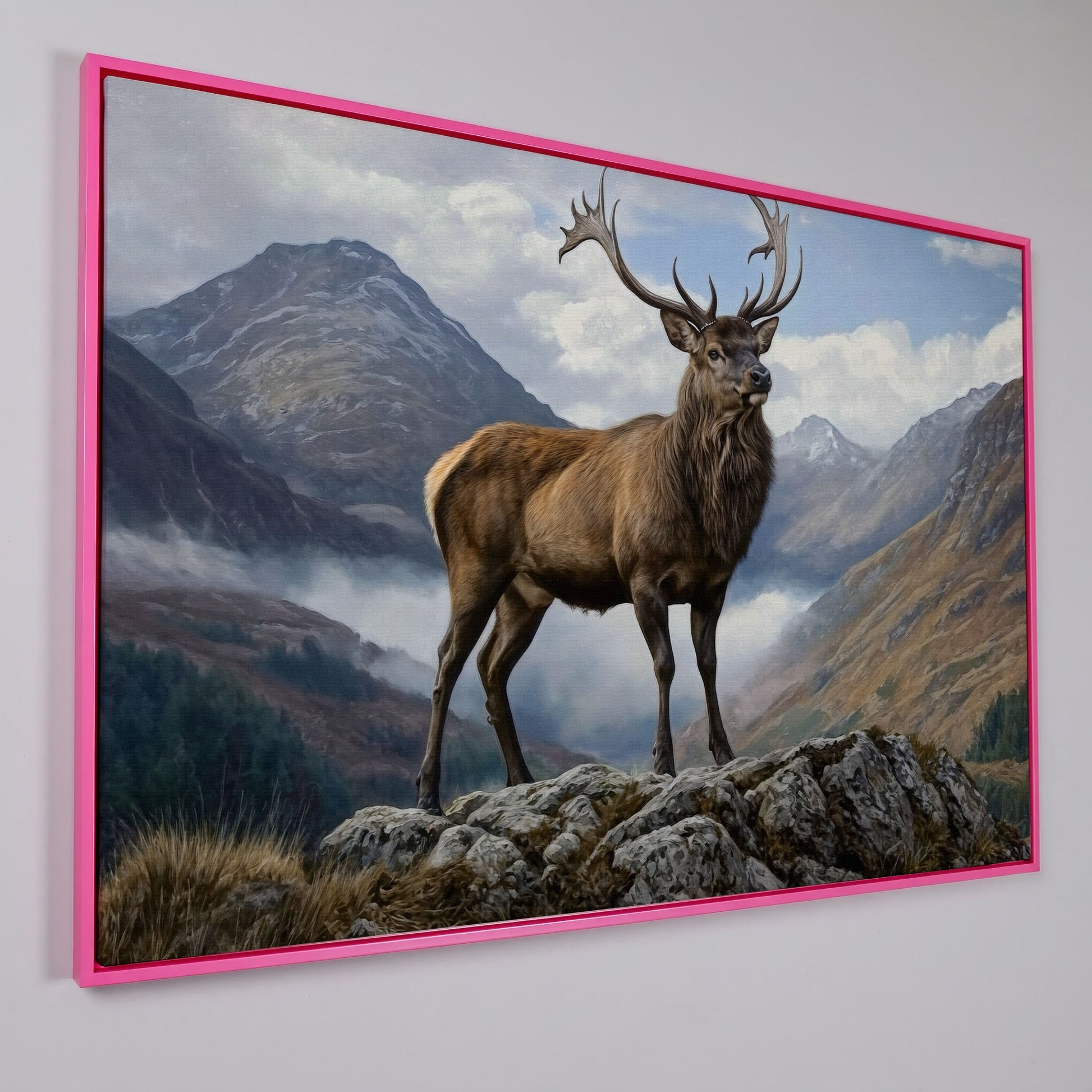 Stag on Rocky Outcrop Canvas Wall Art, Mountain Wildlife Print in pink floating frame