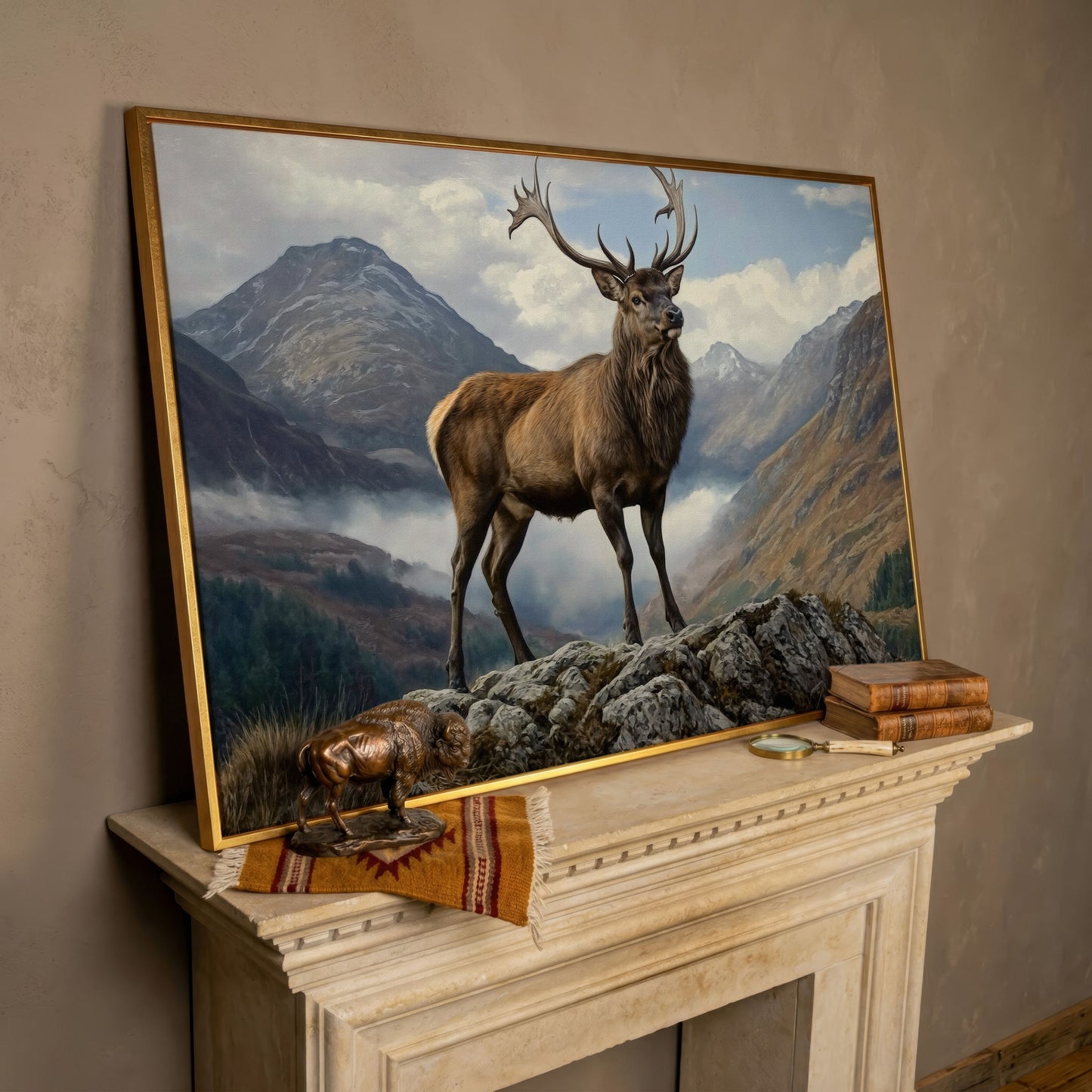 Stag on Rocky Outcrop Canvas Wall Art, Mountain Wildlife Print in rose gold floating frame