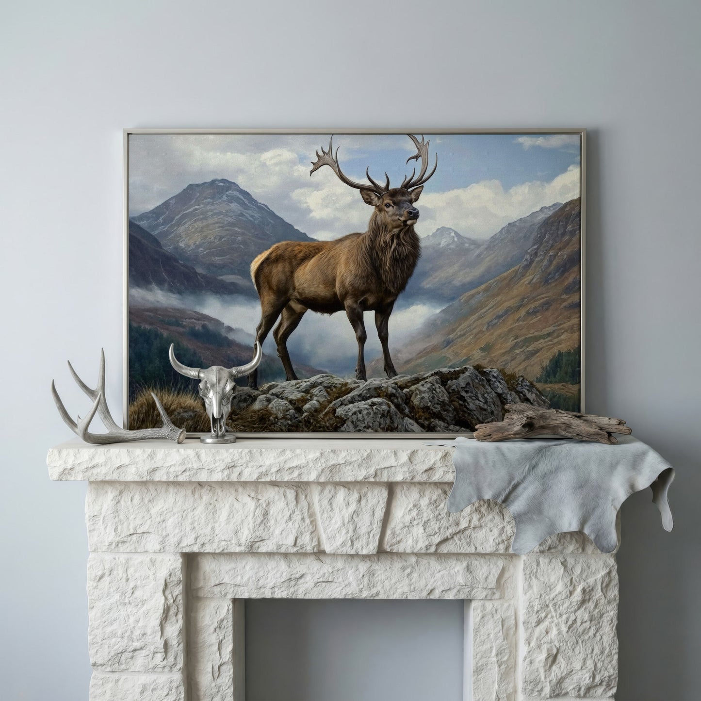 Stag on Rocky Outcrop Canvas Wall Art, Mountain Wildlife Print in silver floating frame