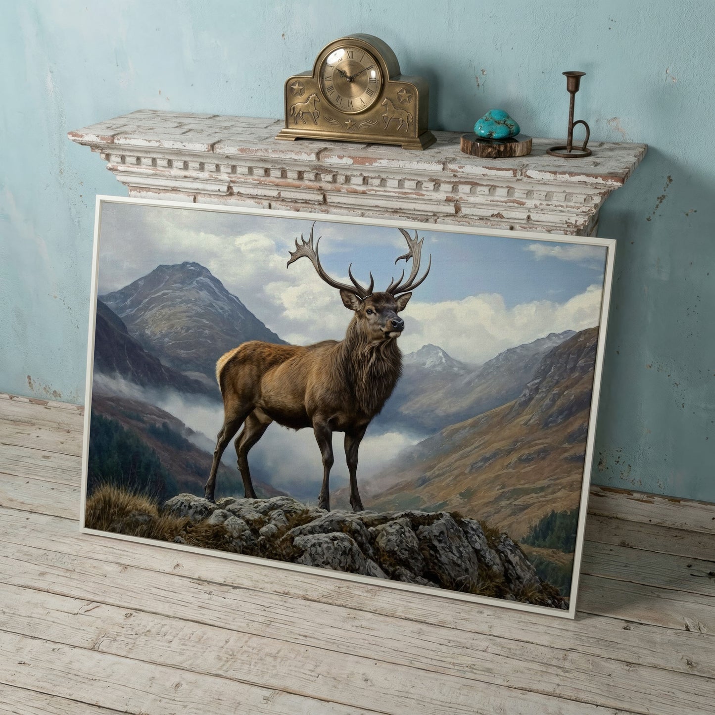 Stag on Rocky Outcrop Canvas Wall Art, Mountain Wildlife Print in white floating frame