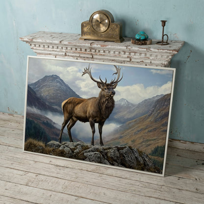 Stag on Rocky Outcrop Canvas Wall Art, Mountain Wildlife Print in white floating frame