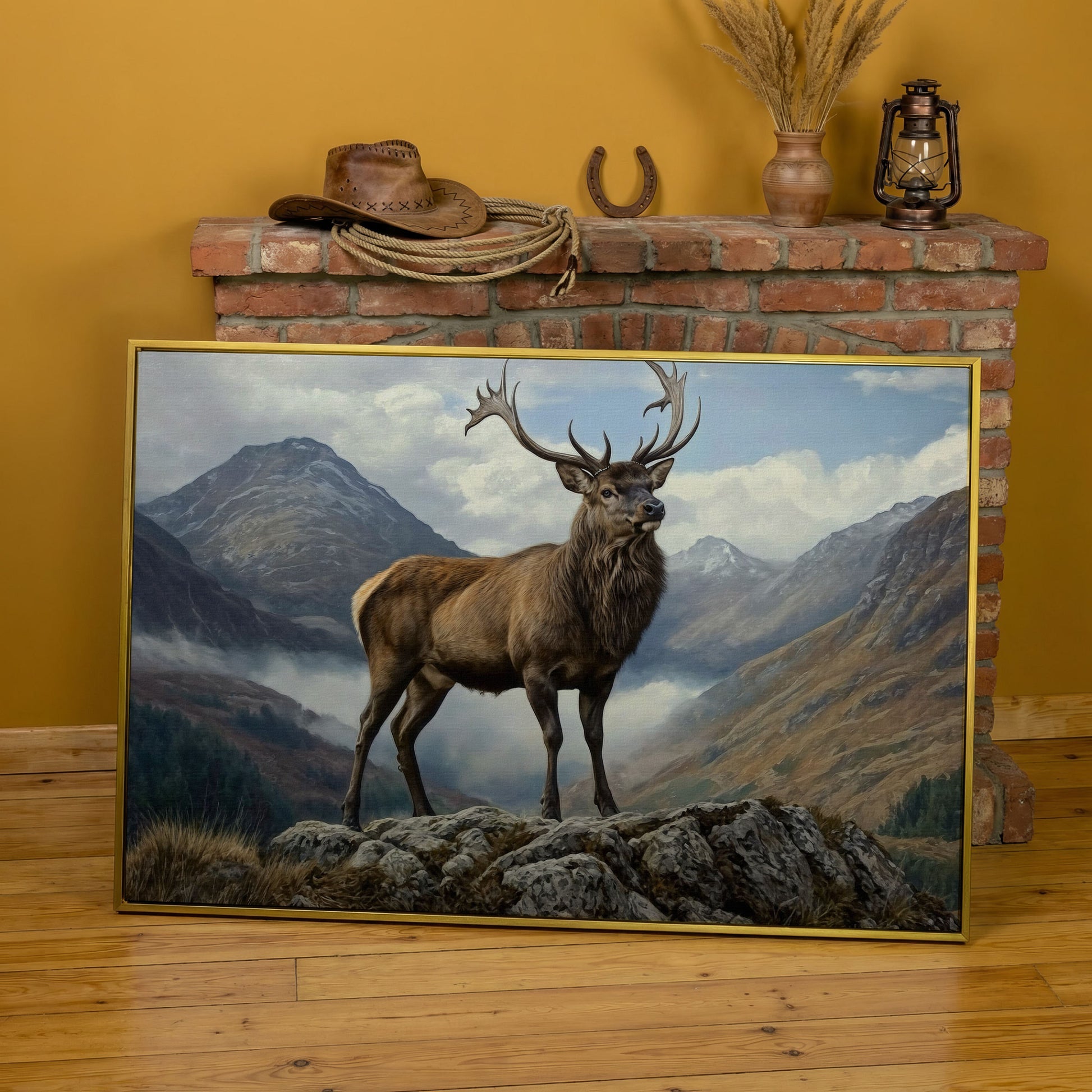 Stag on Rocky Outcrop Canvas Wall Art, Mountain Wildlife Print in yellow gold floating frame