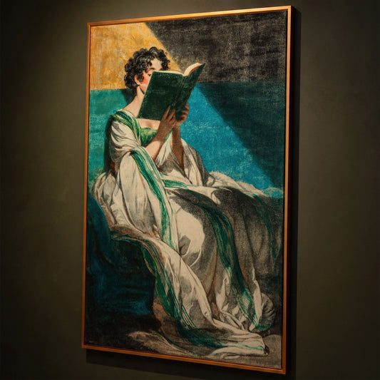Woman Reading in White Dress, Bookish Wall Art Canvas shown in antique gold floating frame