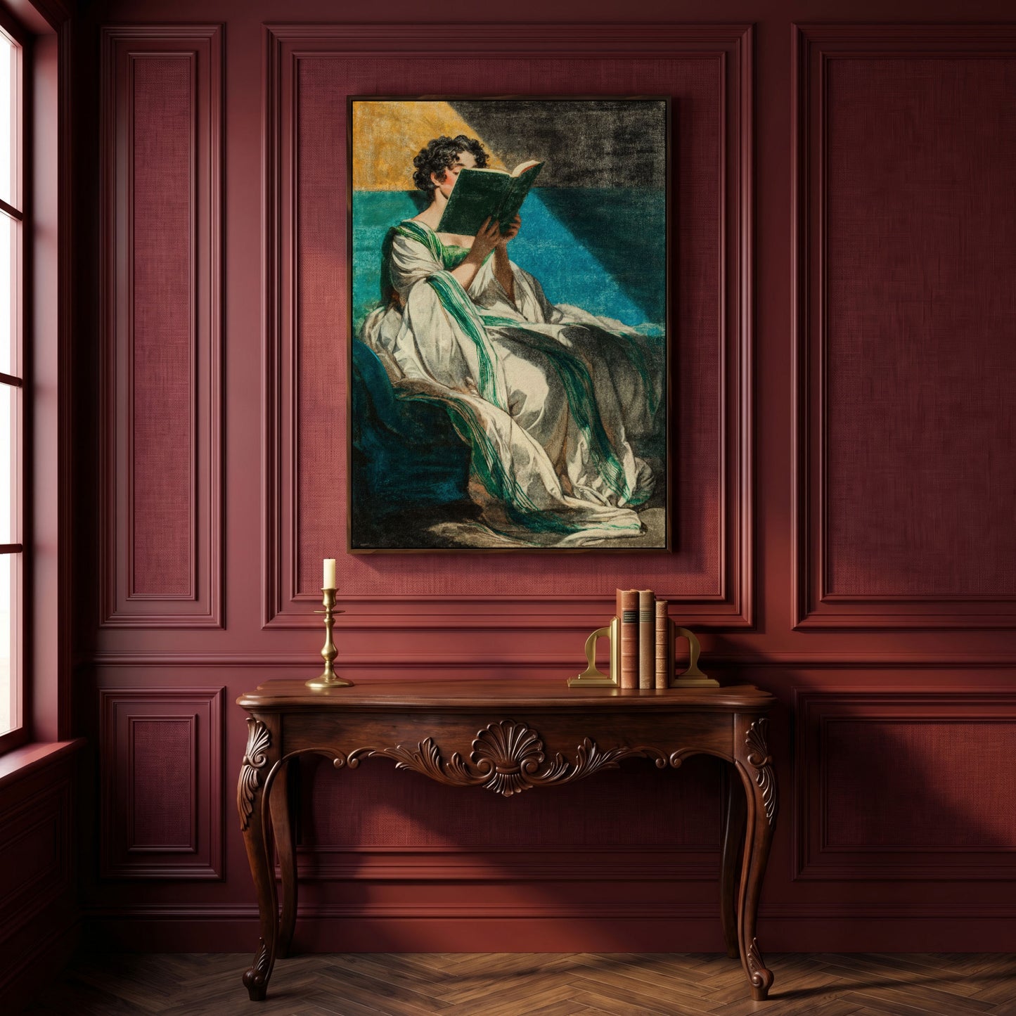 Woman Reading in White Dress, Bookish Wall Art Canvas in dark walnut floating frame