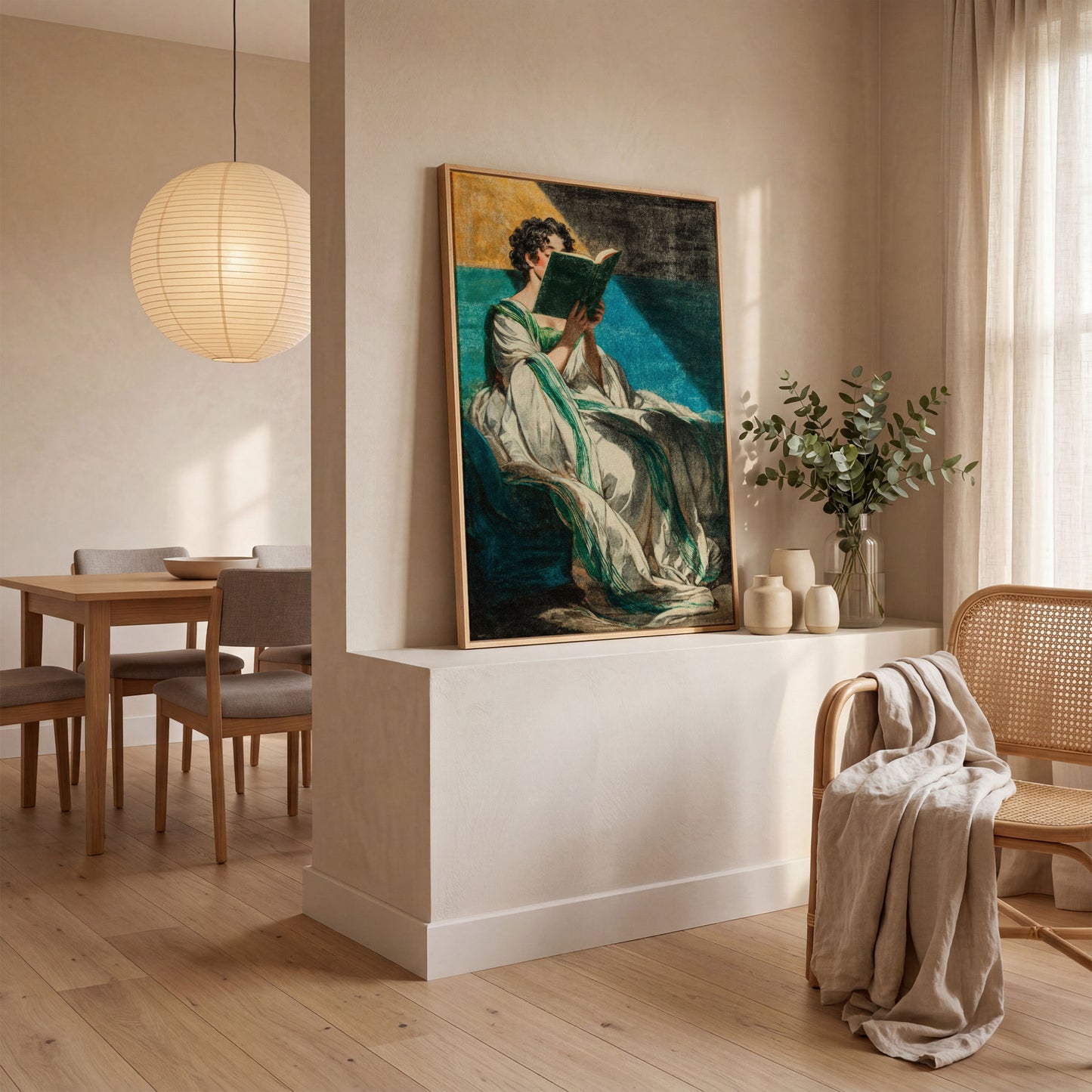 Woman Reading in White Dress, Bookish Wall Art Canvas in white oak floating frame