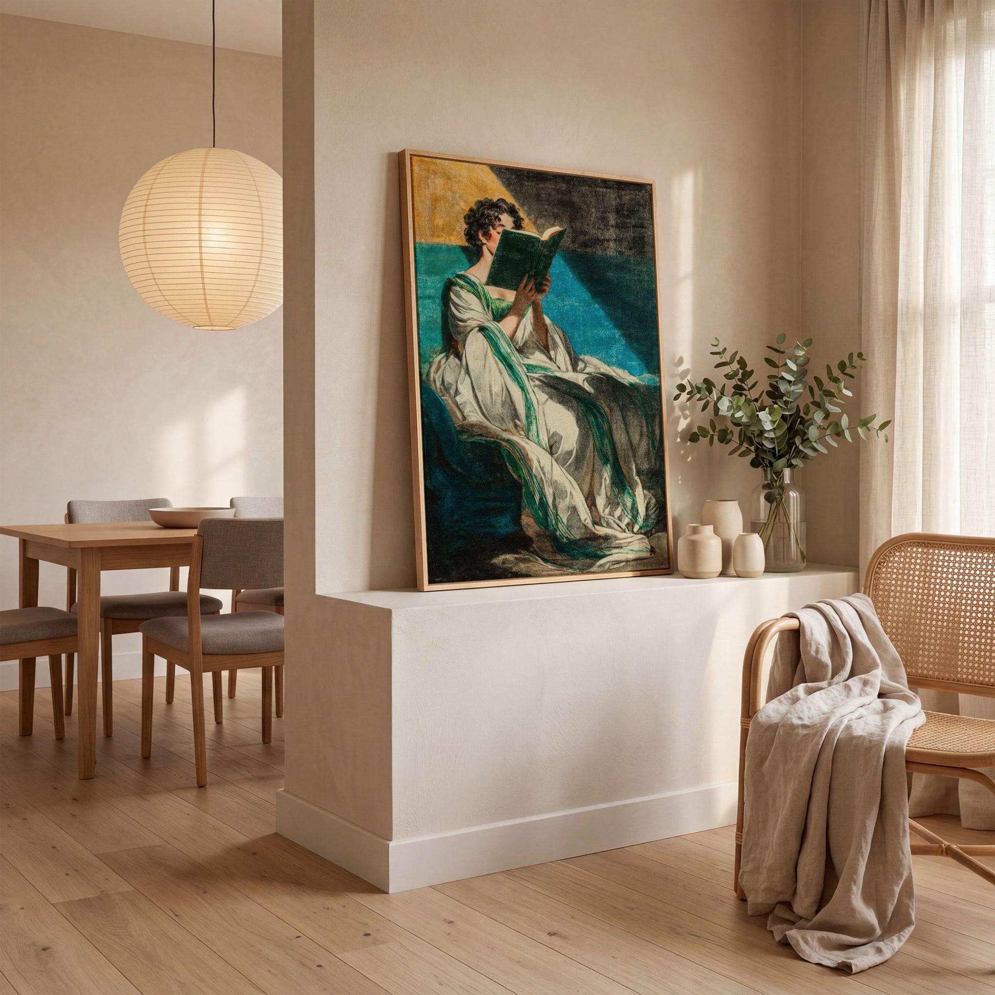 Woman Reading in White Dress, Bookish Wall Art Canvas in white oak floating frame