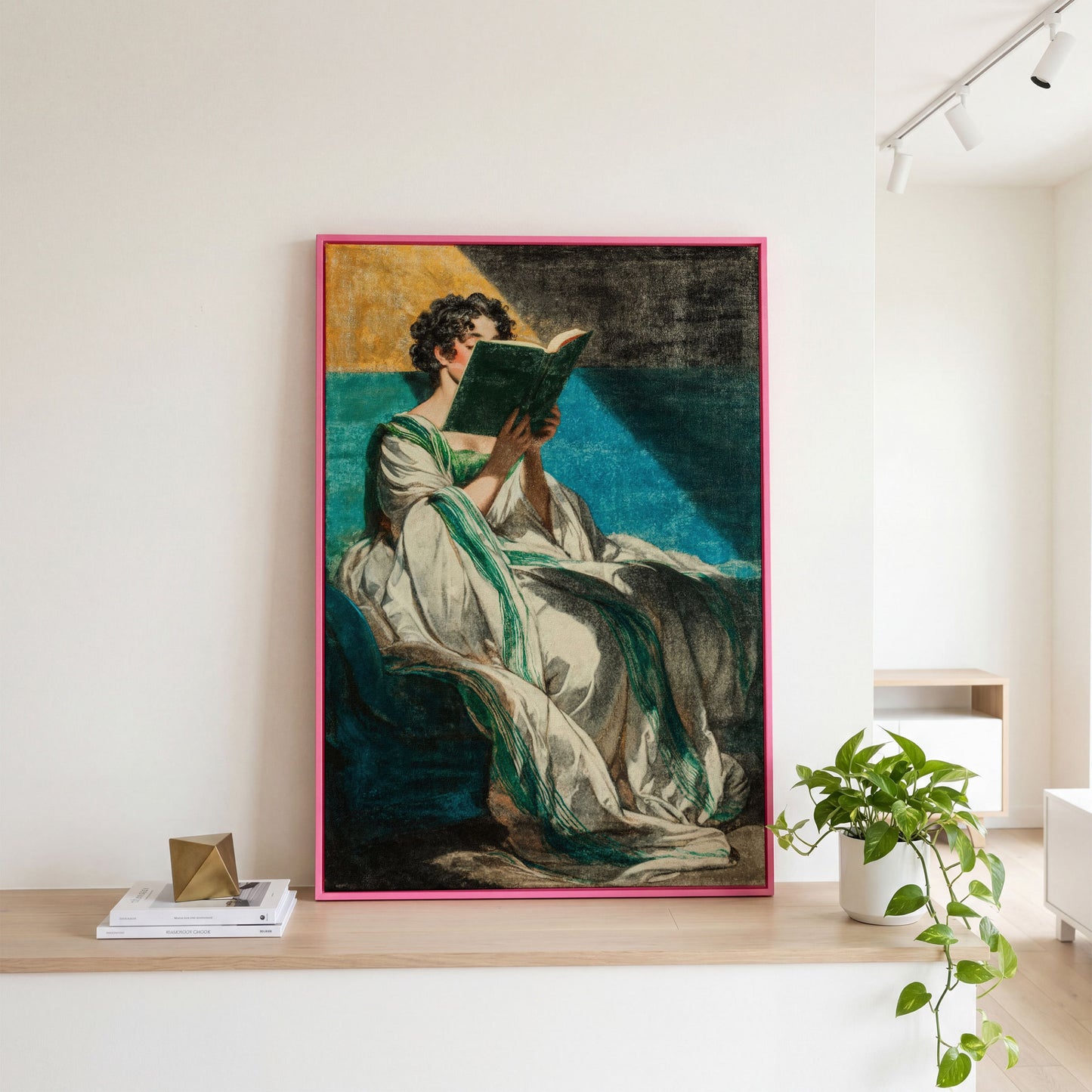 Woman Reading in White Dress, Bookish Wall Art Canvas in pink floating frame