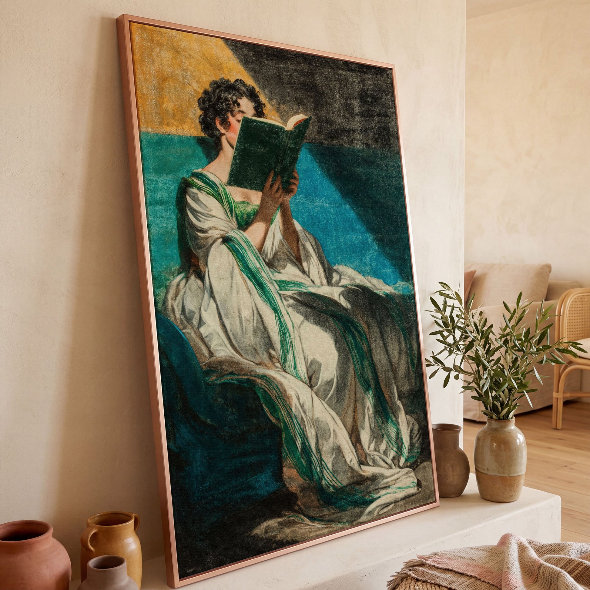Woman Reading in White Dress, Bookish Wall Art Canvas in rose gold floating frame