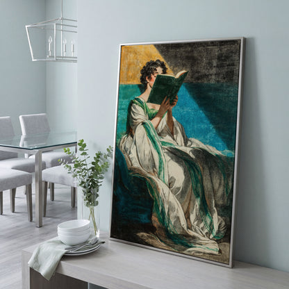 Woman Reading in White Dress, Bookish Wall Art Canvas in silver floating frame